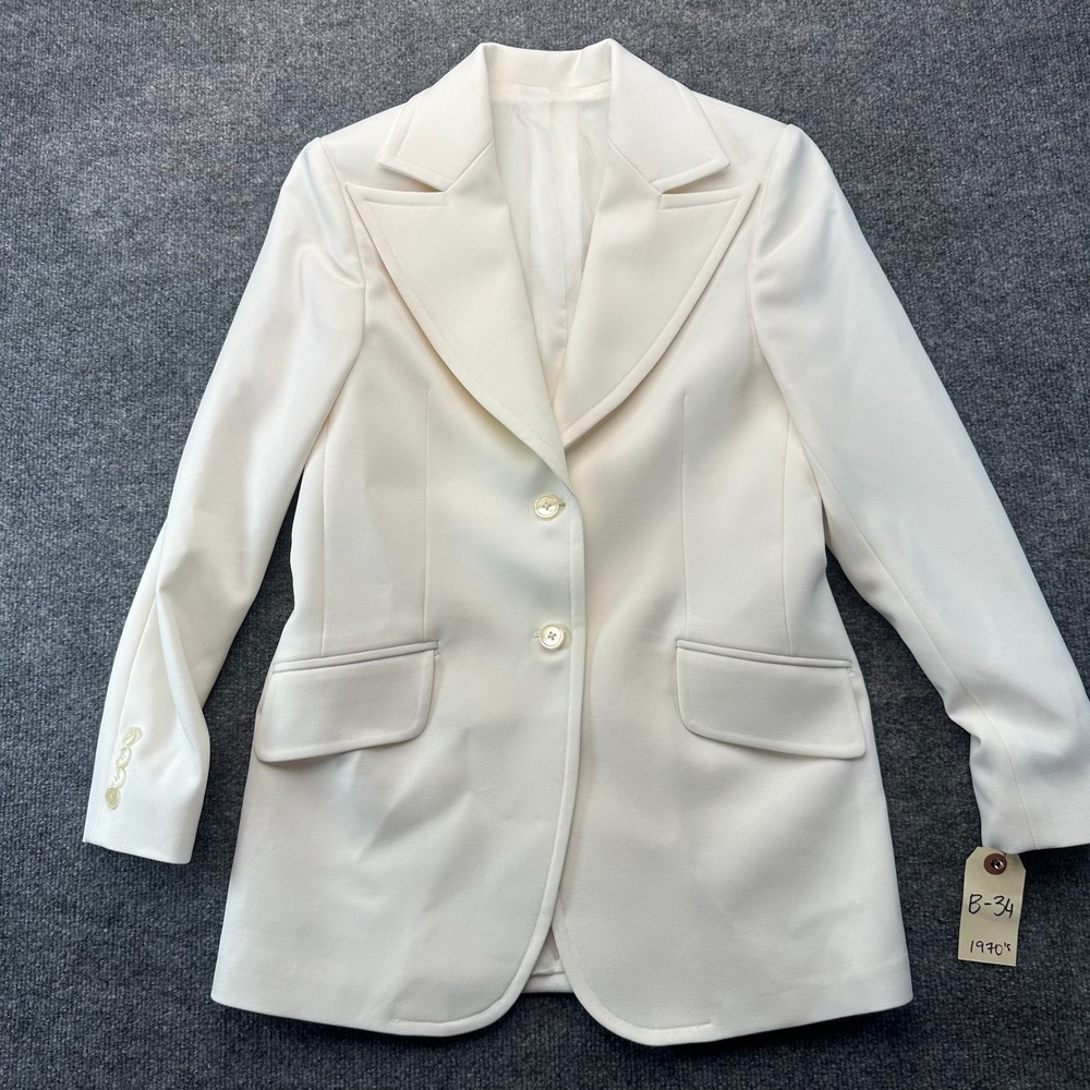 Vintage 70s Womens Blazer Jacket White Single Breasted Peak Lapel Formal Career